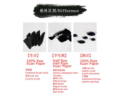 Handmade Chinese Calligraphy Ink Painting Rice Paper Blank 100% Raw Xuan Paper Sheets 生宣 for Beginners 50 Sheets